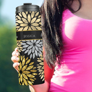 Garrafa Térmica 50 e Fabuloso Padrão de Dália Preto Ouro Prata