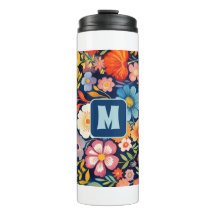 70s 60s Floral Monograma Retro Azul e Laranja 
