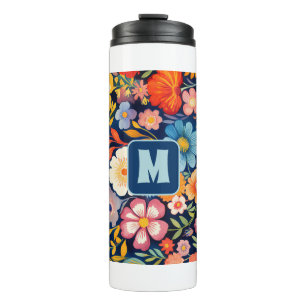 Garrafa Térmica 70s 60s Floral Monograma Retro Azul e Laranja 