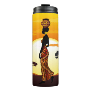Garrafa Térmica A linda mulher africana Silhouette sobre os sóis a
