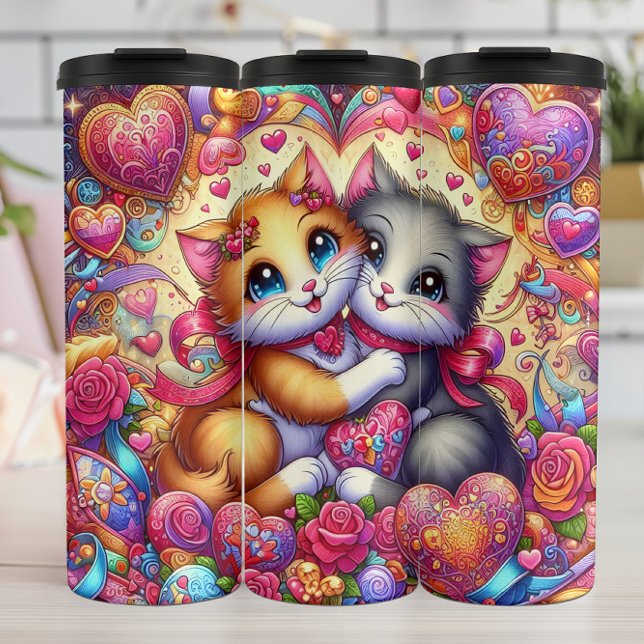 Garrafa Térmica Abeçando Gatinhos Coração Floral (Criador carregado)