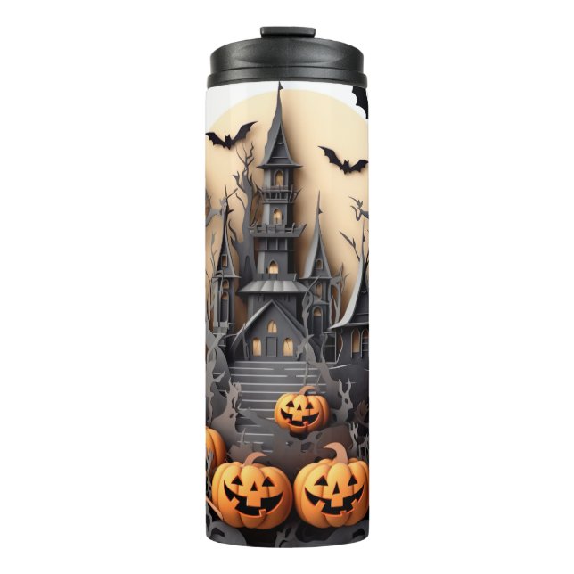 Garrafa Térmica Abóbora de Halloween 3D casa assombrada (Frente)