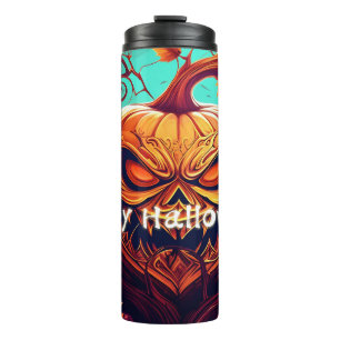 Garrafa Térmica Abóbora Laranja Assustadora com Rosto, Halloween