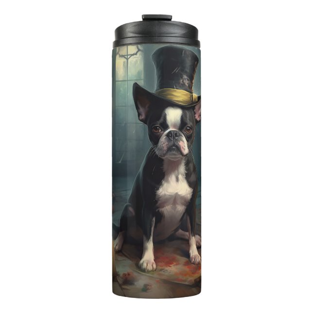 Garrafa Térmica Abóboras de Boston Terrier Halloween Assustador (Frente)