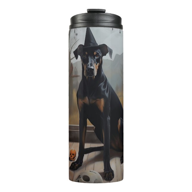 Garrafa Térmica Abóboras Doberman Halloween Assustador (Frente)