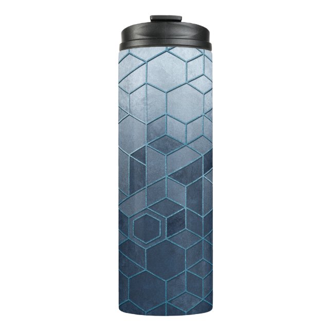 Garrafa Térmica Abstração geométrica de hexágonos num alivio azul (Frente)