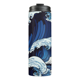 Garrafa Térmica Abstrato Blue Ocean Ondas Japonês Estilo Trabalho 