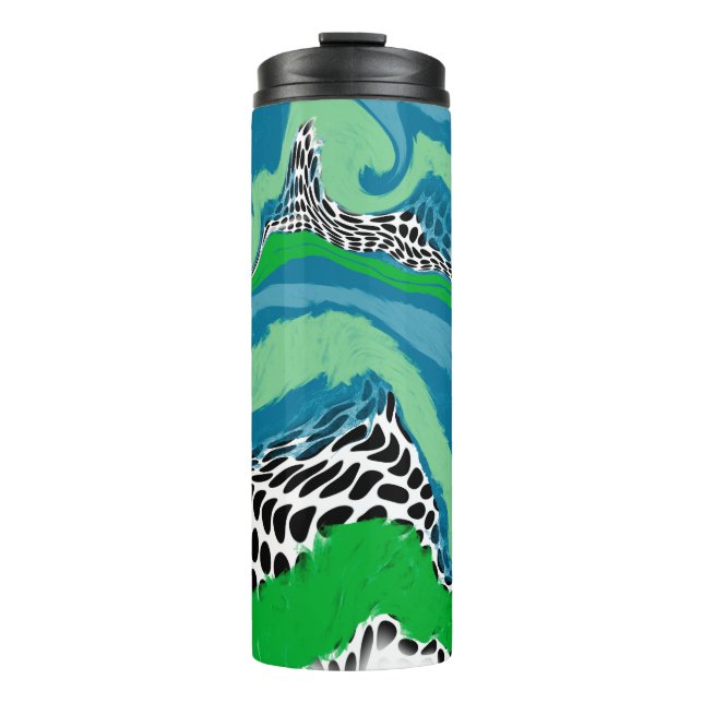 Garrafa Térmica Abstrato de pontos verdes e azuis, pretos e branco (Frente)