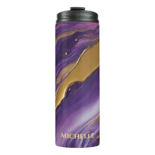 Garrafa Térmica Abstrato-Flow Art-Blue Pink Roxo e Dourado-