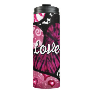 Garrafa Térmica Abstrato Love Heart Pink Floral Bolinhas Pretas