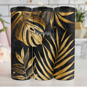 Garrafa Térmica Abstrato preto e Dourado botânico