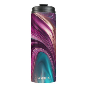 Garrafa Térmica Abstrato-Viva Magenta, Turquesa e Dourada
