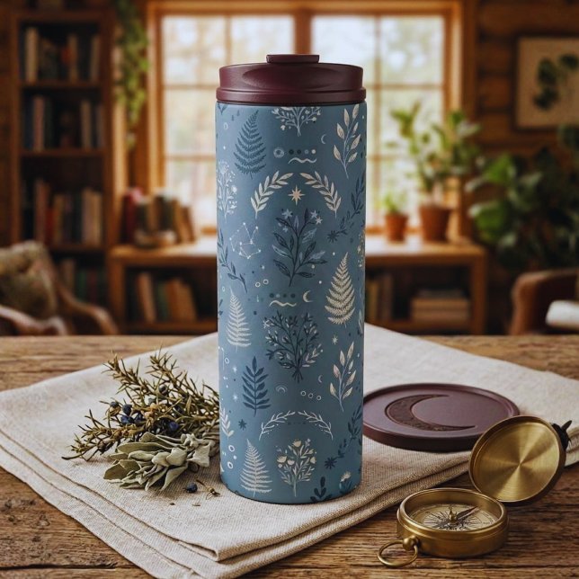 Garrafa Térmica Acessórios de Bebida Boho Celestial Botânico Azul  (Trendy whimsical celestial travel mug. Insulated stainless steel tumbler for cozy mornings!)