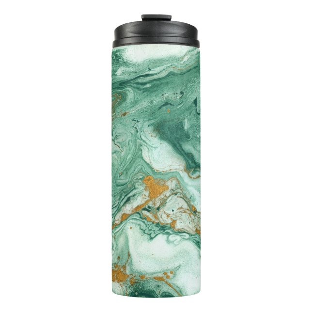 Garrafa Térmica acrílico ouro-verde: textura de mármore. (Frente)