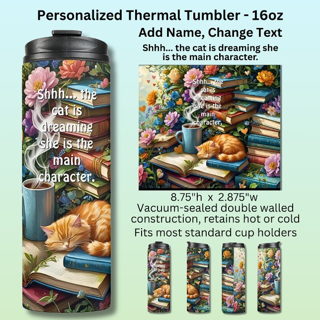 Garrafa Térmica Add Text, Cat is Dreaming, Books, Coffee, Flowers (Criador carregado)