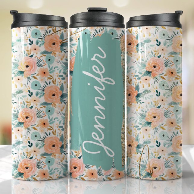 Garrafa Térmica Adicionar Nome Rosas de Pêssego Presente Personali (Floral Tumbler )