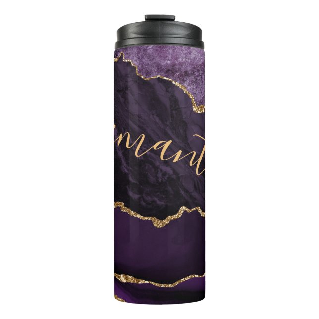 Garrafa Térmica Ágata Mármore Brilho Roxo e Dourado Falso (Frente)
