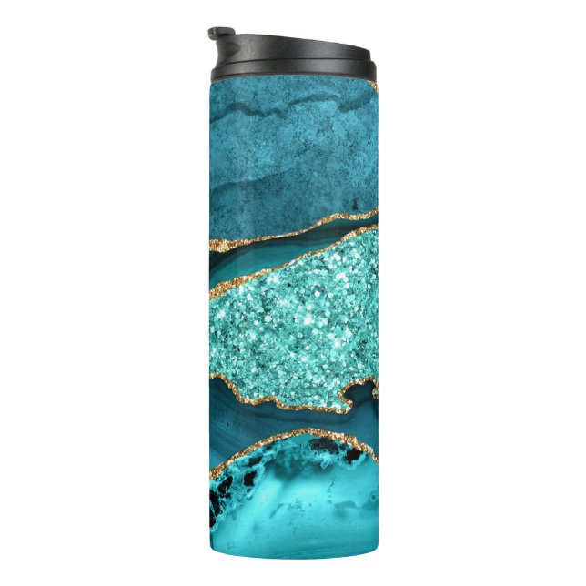 Garrafa Térmica Agate Teal Blue Glitter Marble Aqua Turquoise (Rotação à direita)