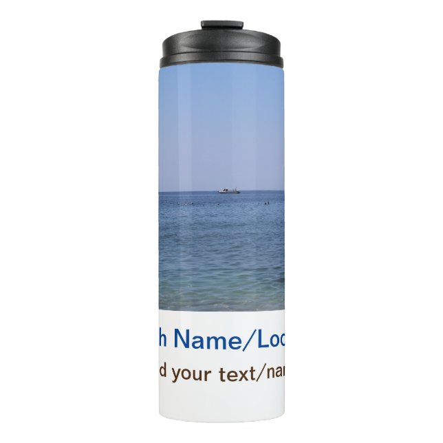 Garrafa Térmica água oceano praia foto adicionar nome texto local  (Frente)