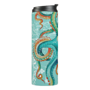 Garrafa Térmica Aguarela do mapa do vintage da cerceta do polvo