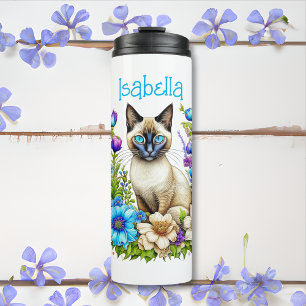 Garrafa Térmica Ai Watercolor Personalizado Gato Siamês em Flores