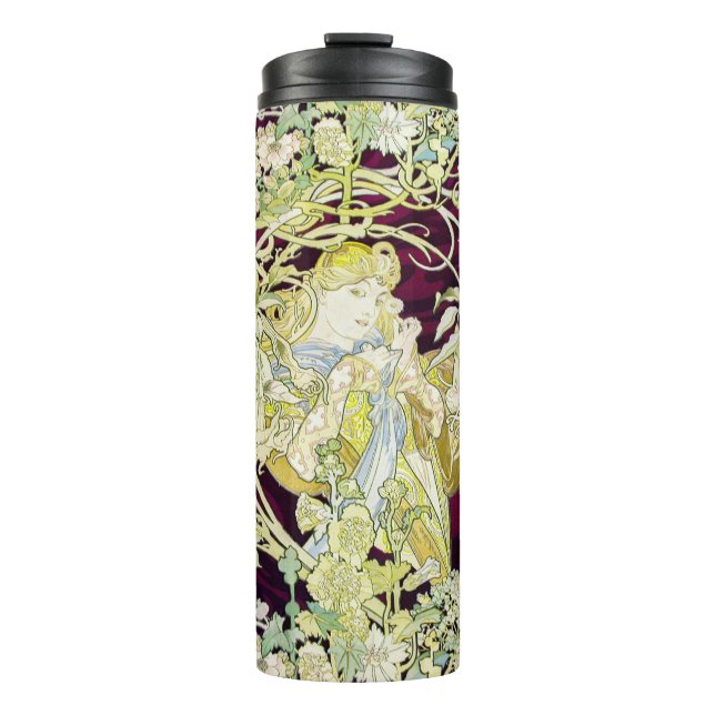 Garrafa Térmica Alphonse Mucha Mulher com Margarida Art Nouveau Ar (Frente)