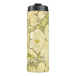 Garrafa Térmica Alphonse Mucha Peonias Padrão Floral Art Nouveau