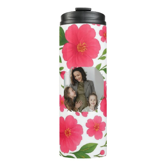 Garrafa Térmica Amo-Te Mãe Tumbler Vermelho Floral com Foto (Frente)