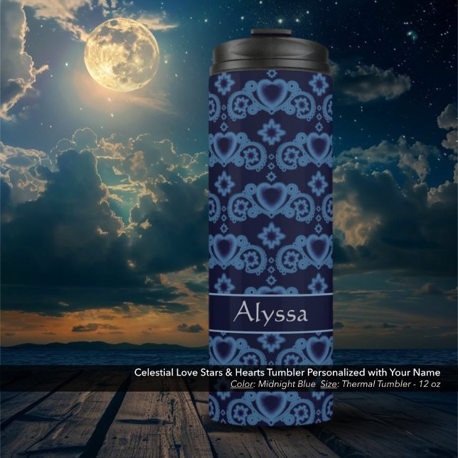 Garrafa Térmica Amor Celestial Estrelas Corações Azul Escuro (Celestial Love Stars and Hearts Midnight Blue Thermal Tumbler Personalized with Your Name)