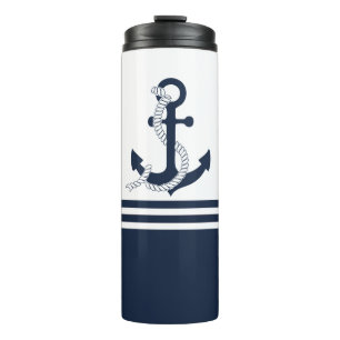 Garrafa Térmica Âncoras azuis náuticas com faixas azuis e brancas