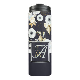 Garrafa Térmica Anêmona Decorativa Azul Marinho com Flores Brancas