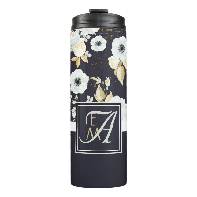 Garrafa Térmica Anêmona Decorativa Azul Marinho com Flores Brancas (Frente)
