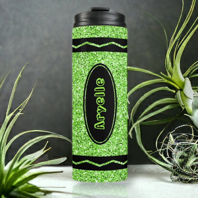 Garrafa Térmica Apple Green Glitter Crayon Hot Drente Name Tumbler (Criador carregado)