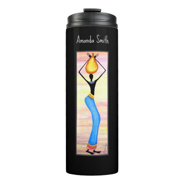 Garrafa Térmica Aquarela, Arte Africana, Mulher Elegante (Frente)