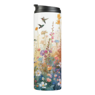 Garrafa Térmica Aquarela Colorida Floral aves Beija-flor Harmo