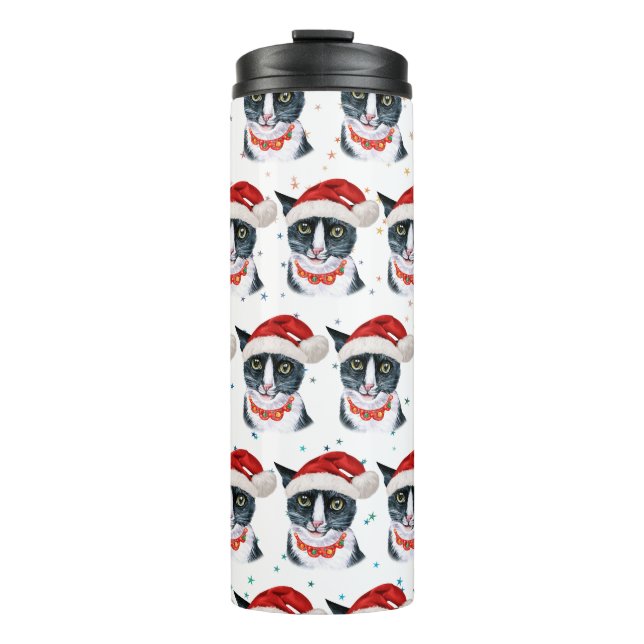 Garrafa Térmica Aquarela de Gato Preto e Branco Engraçado de Natal (Frente)