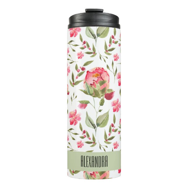 Garrafa Térmica Aquarela Peony Floral Thermal Tumbler - Elegante (Frente)