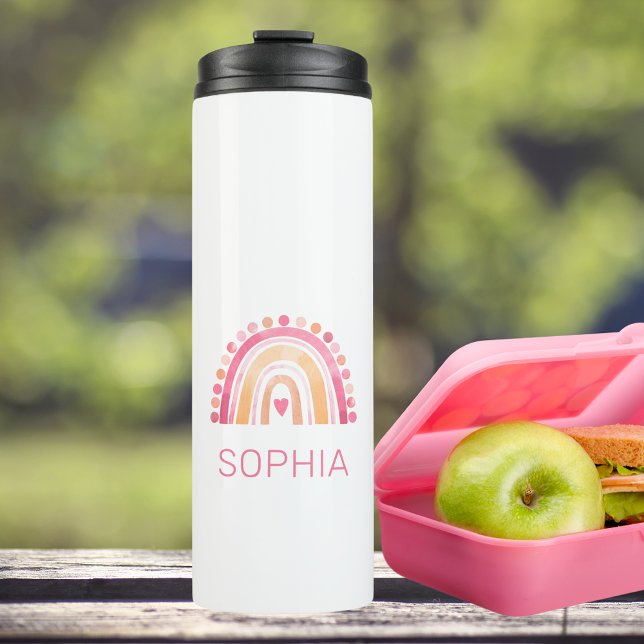 Garrafa Térmica Arco-íris Boho Aquarela em Rosa personalizado (Personalized kids Thermal Tumbler drink bottle with Boho Watercolor Rainbow in Pink and Yellow)