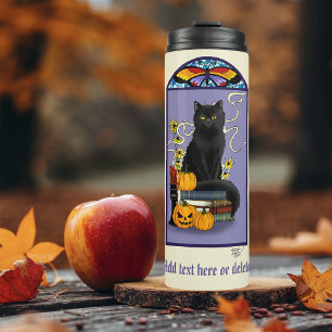Garrafa Térmica Art Nouveau Gato Preto Abóbora Roxo Outono Amarelo