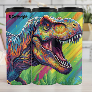 Garrafa Térmica Arte Abstrata de T-Rex Rugindo com Arco-Íris