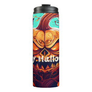 Garrafa Térmica Arte de Halloween de Morcego Feroz de Abóbora