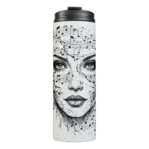 Garrafa Térmica Arte de Rosto de Partitura Personalizada Preta e B