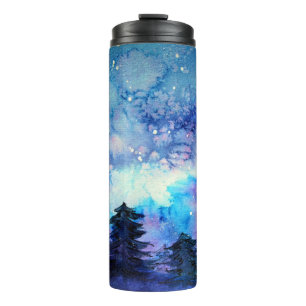 Garrafa Térmica Arte do Espaço de Aquarela: Árvores do Céu Noturno