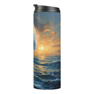Garrafa Térmica Arte do Pôr do Sol com Onda do Oceano – Design Abs
