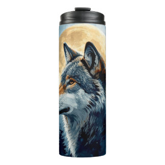 Garrafa Térmica Arte em Aquarela do Lobo da Lua Mística | Floresta