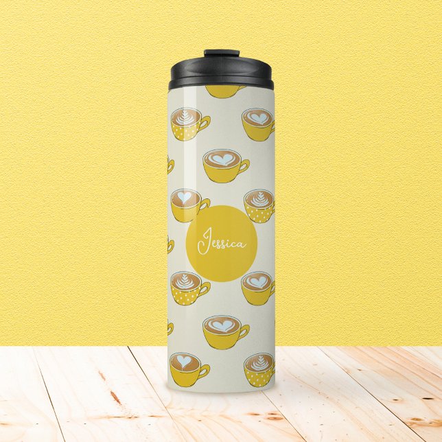 Garrafa Térmica Arte em Latite em Prato Amarelo de Café (Yellow Latte Art with Custom Name Thermal Tumbler)
