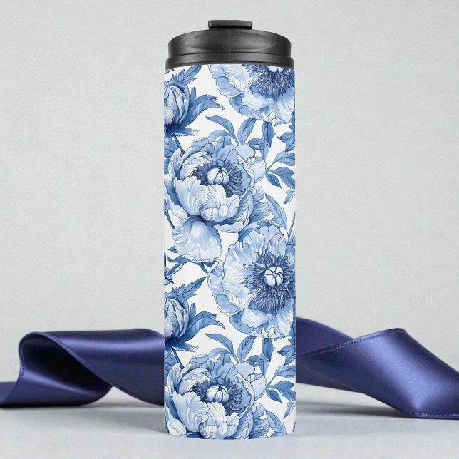 Garrafa Térmica Arte Floral Botânica Azul Novo Porcelana Flor (Botanical Blue Floral Art Nouveau Porcelain Flower Thermal Tumbler)