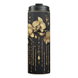 Garrafa Térmica Arte Floral de Orquídea Dourada Luxuosa