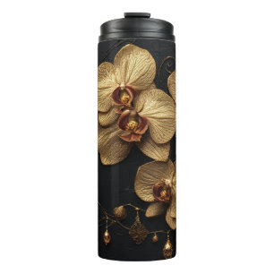 Garrafa Térmica Arte Floral de Orquídea Dourada Luxuosa