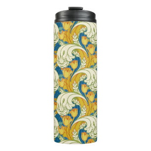 Garrafa Térmica Arte Floral de Tulipas em Teal e Dourado no Estilo